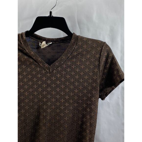 ES SE Women's Brown Cross Print Semi Sheer V-Neck Short Sleeve Top SZ M - Picture 3 of 9